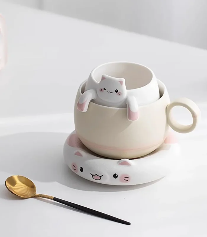 Set de Taza de Té Kawaii - Gato de la Suerte