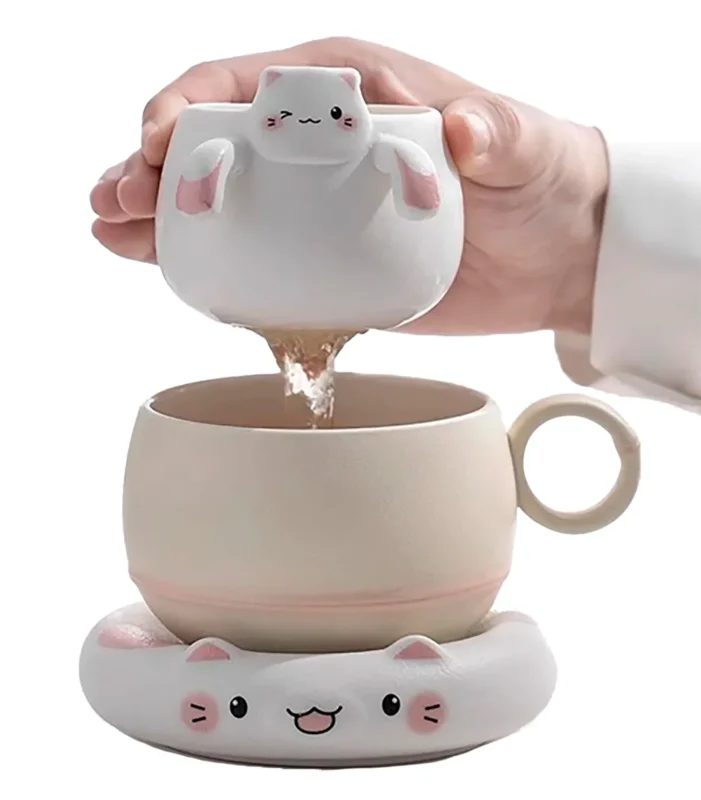 Taza de Cerámica con Filtro de Té - Gato de la Suerte
